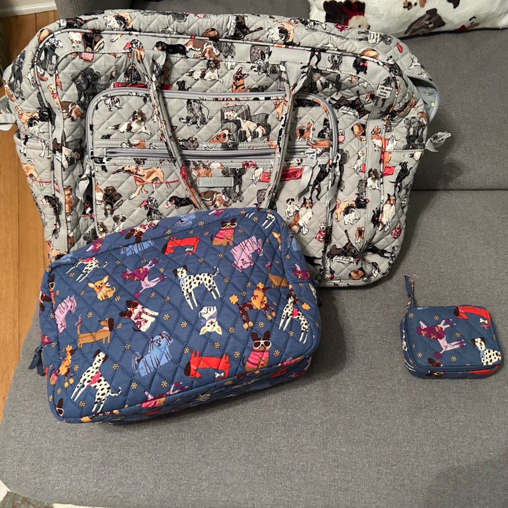 Vera Bradley dog weekend bag, cosmetic bag, and pill case